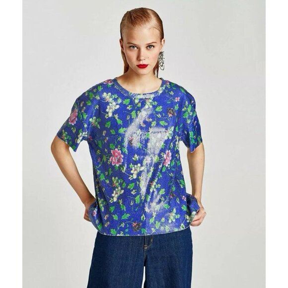 Zara Trafaluc Size Medium Blue Floral Sequin T-Shirt Blouse - Picture 1 of 8